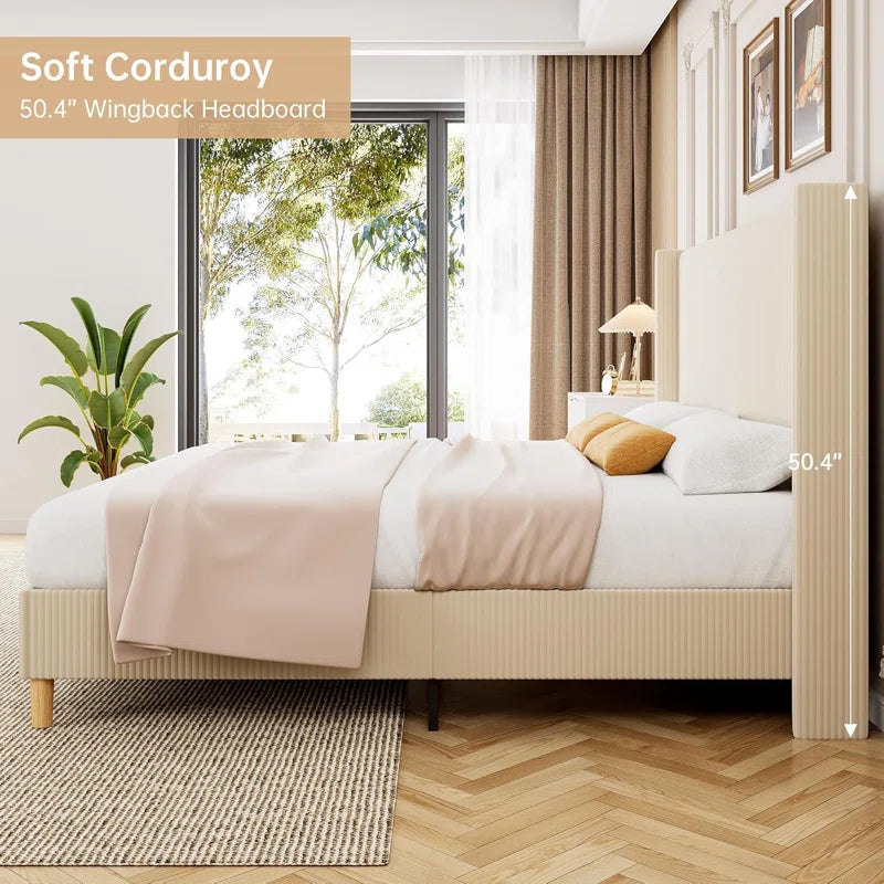 Upholstered Corduroy Bed Frame, Bed Frame with Wingback Headboard