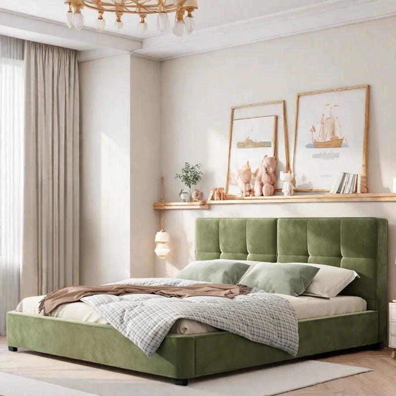 Upholstered Platform Bed With Curved Tufted Headboard, Soft Square Corners
