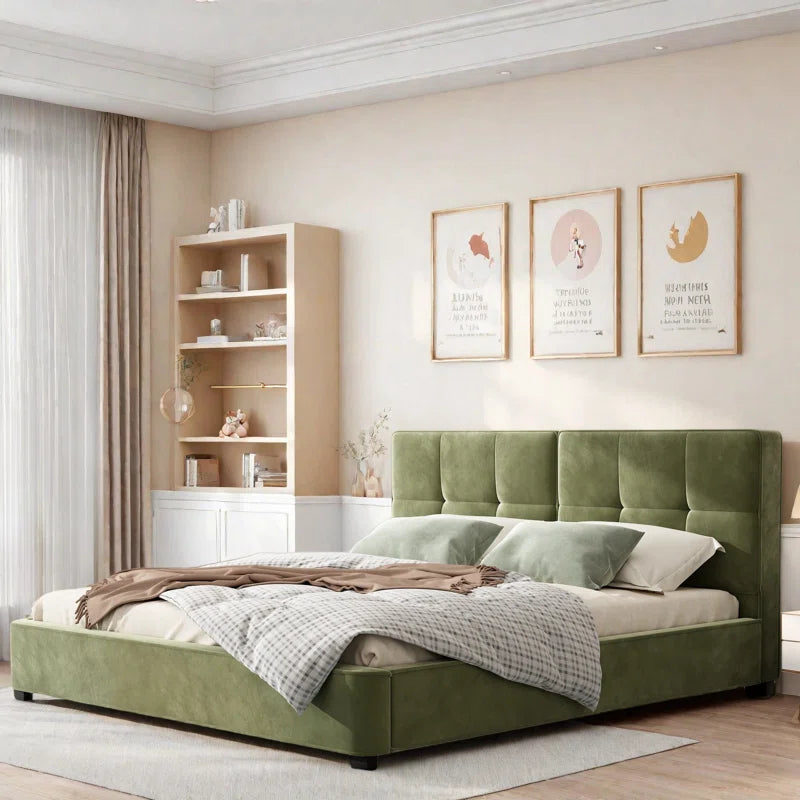 Upholstered Platform Bed With Curved Tufted Headboard, Soft Square Corners