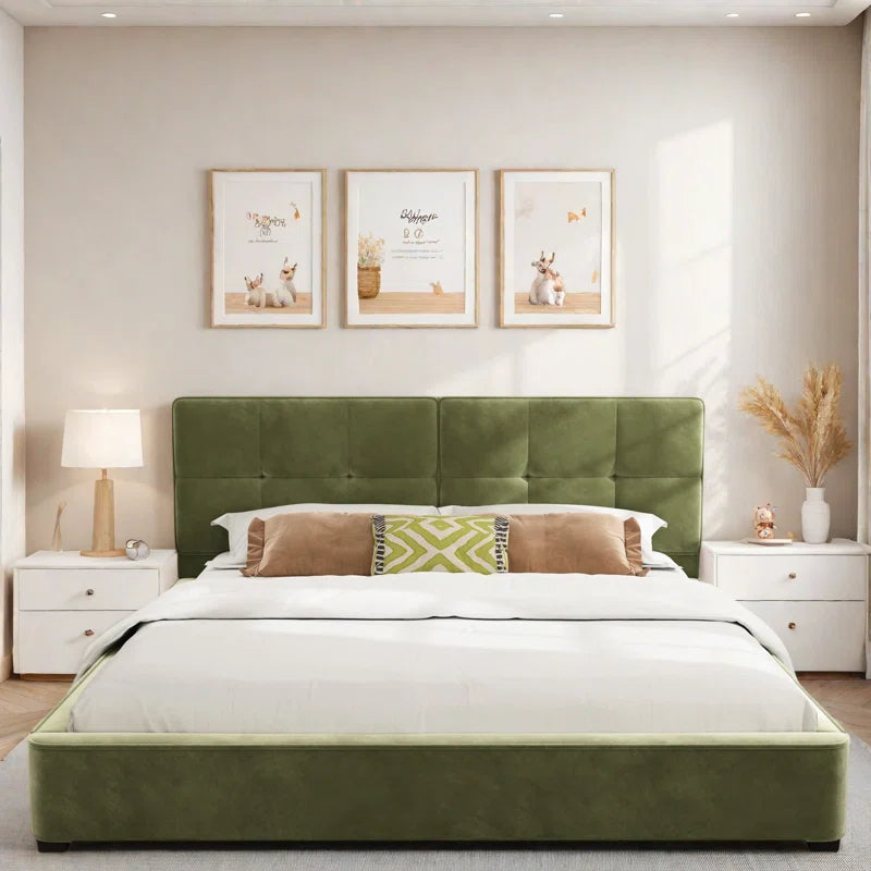 Upholstered Platform Bed With Curved Tufted Headboard, Soft Square Corners