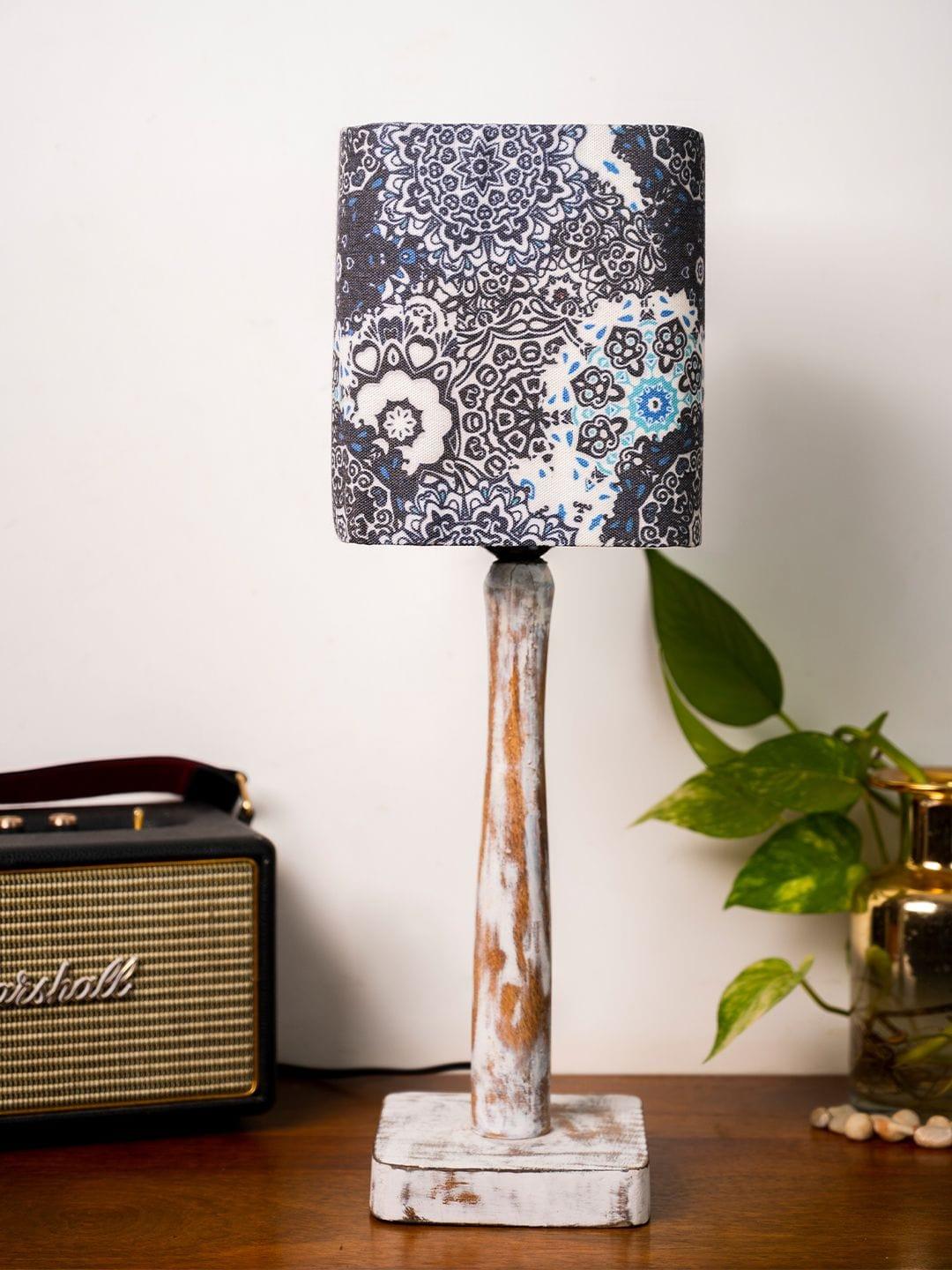 Curve Distress white Lamp with Blue batik print shade - Ouch Cart 