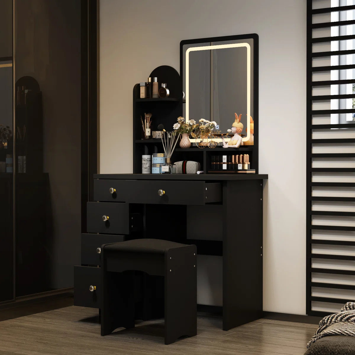 LED Lighted Makeup Vanity with Touch Screen Mirror & 5 Drawers – Modern Wooden Dressing Table with Stool
