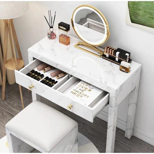 Maximilian Vanity Dressing Table With Stool & Mirror | 2 Storage Drawers Makeup Vanity Set | Dressing Cosmetic Desk with Large Tabletop for Girls - Ouch Cart 