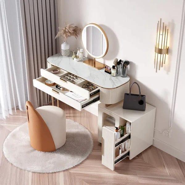 Emil Vanity dressing table with drawers with mirror with stool, White Vanity Table with Mirror, Writing Desk with 3 Drawers, Makeup Desk with Cabinet for Women Girls - Ouch Cart 