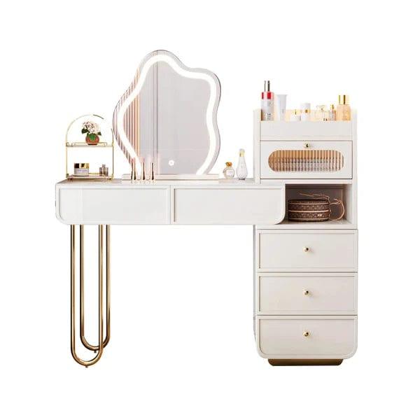 Zofia Vanity Dressing Table with mirror & stool, interiors Off-White Makeup Vanity Set Dressing Table with Lighted Mirror Cabinet & Stool Included. - Ouch Cart 