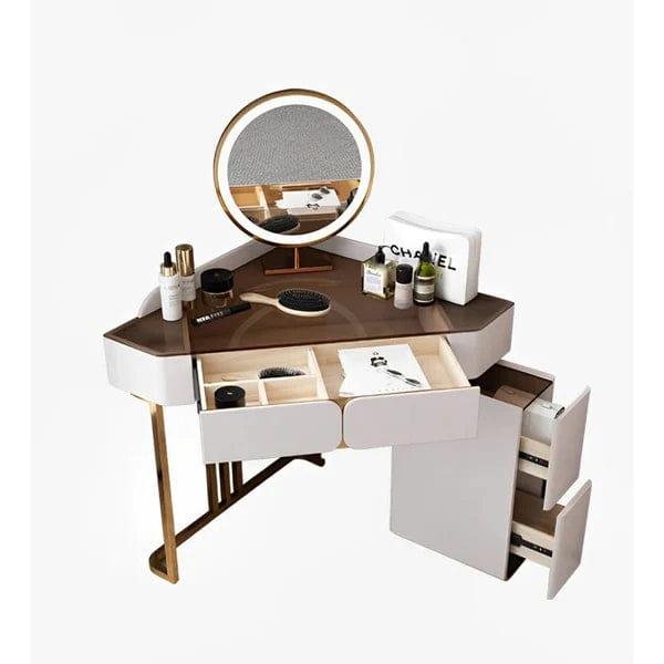 Vicente Vanity Dressing Table with Stool & Mirror, Dressing Table with Mirror and Stool, 4 Drawers Modern Vanity Makeup Writing Desk Bedroom Furniture, Metal Legs - Ouch Cart 