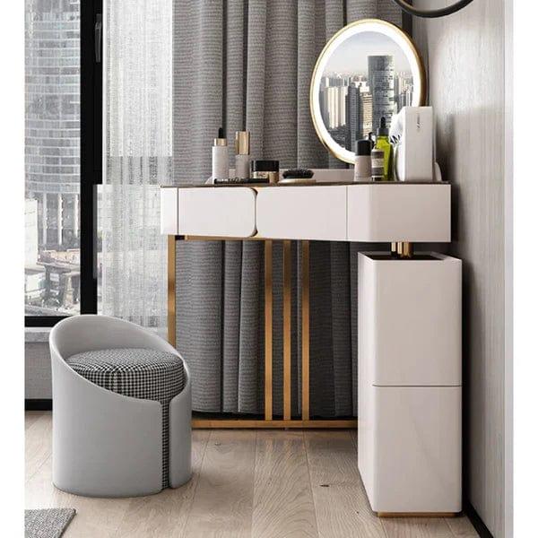 Vicente Vanity Dressing Table with Stool & Mirror, Dressing Table with Mirror and Stool, 4 Drawers Modern Vanity Makeup Writing Desk Bedroom Furniture, Metal Legs - Ouch Cart 