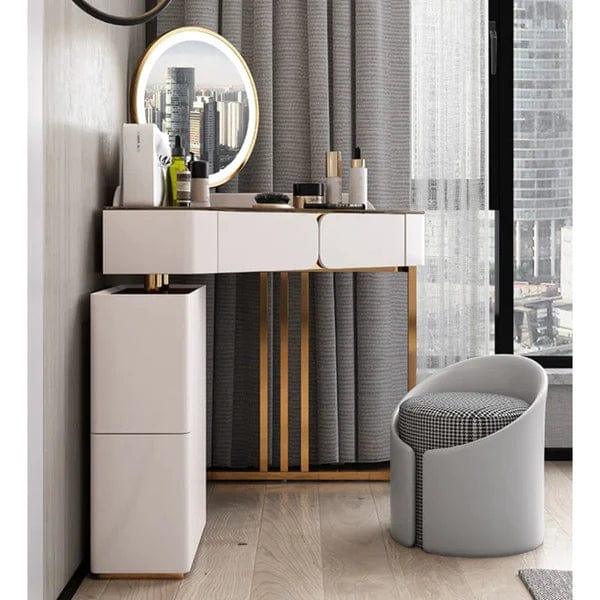 Vicente Vanity Dressing Table with Stool & Mirror, Dressing Table with Mirror and Stool, 4 Drawers Modern Vanity Makeup Writing Desk Bedroom Furniture, Metal Legs - Ouch Cart 