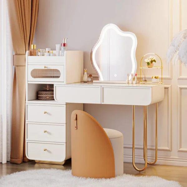 Zofia Vanity Dressing Table with mirror & stool, interiors Off-White Makeup Vanity Set Dressing Table with Lighted Mirror Cabinet & Stool Included. - Ouch Cart 