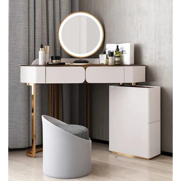 Vicente Vanity Dressing Table with Stool & Mirror, Dressing Table with Mirror and Stool, 4 Drawers Modern Vanity Makeup Writing Desk Bedroom Furniture, Metal Legs - Ouch Cart 