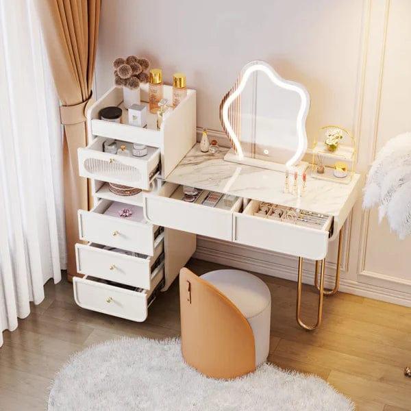 Zofia Vanity Dressing Table with mirror & stool, interiors Off-White Makeup Vanity Set Dressing Table with Lighted Mirror Cabinet & Stool Included. - Ouch Cart 