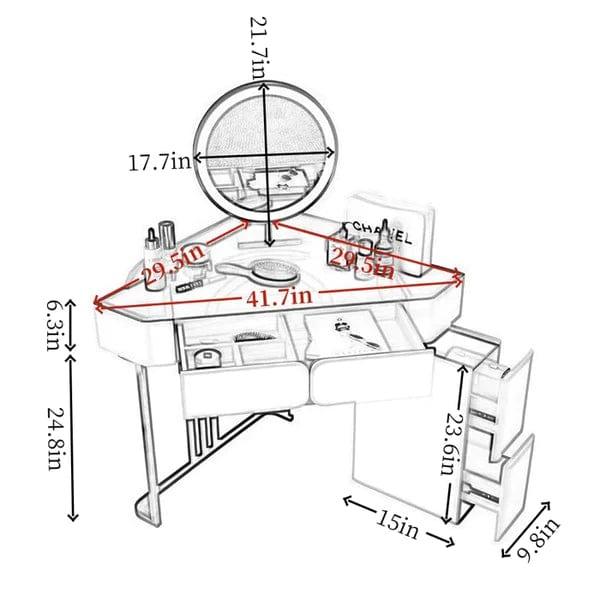 Vicente Vanity Dressing Table with Stool & Mirror, Dressing Table with Mirror and Stool, 4 Drawers Modern Vanity Makeup Writing Desk Bedroom Furniture, Metal Legs - Ouch Cart 