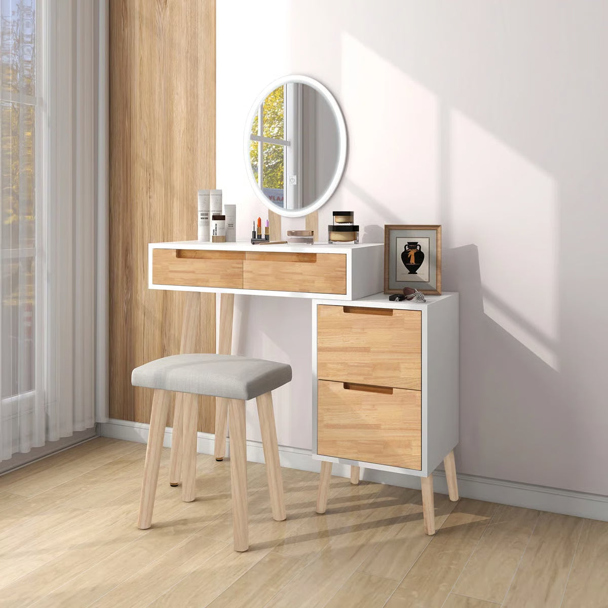 Makeup Vanity Desk with 3-Mode LED Mirror, 4 Drawers, Cushioned Stool, and Adjustable Storage Cabinet