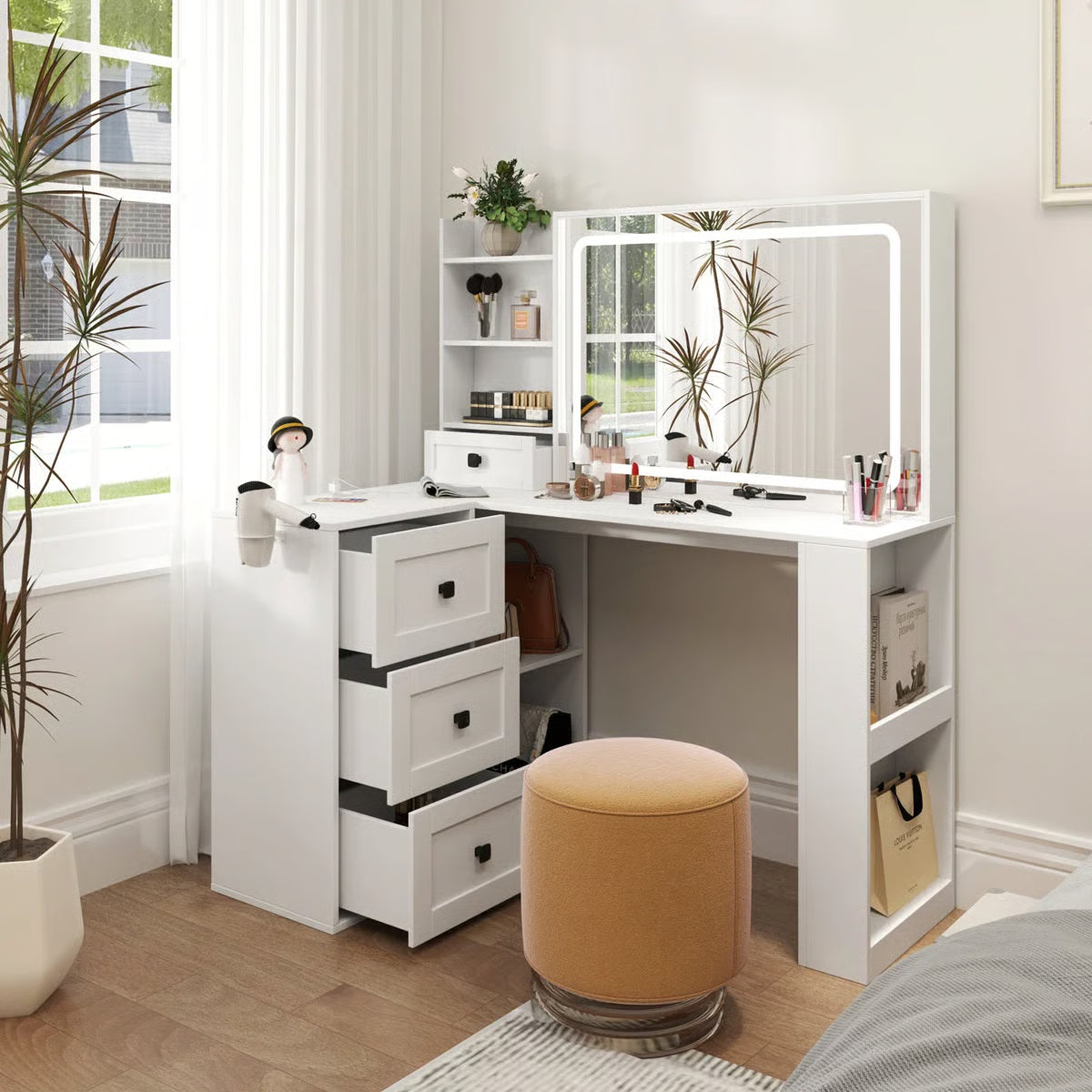 Vanity Desk with LED Lights, Power Strip, 3 Large Drawers – Makeup Organizer-OUCH CART |Dressing table
