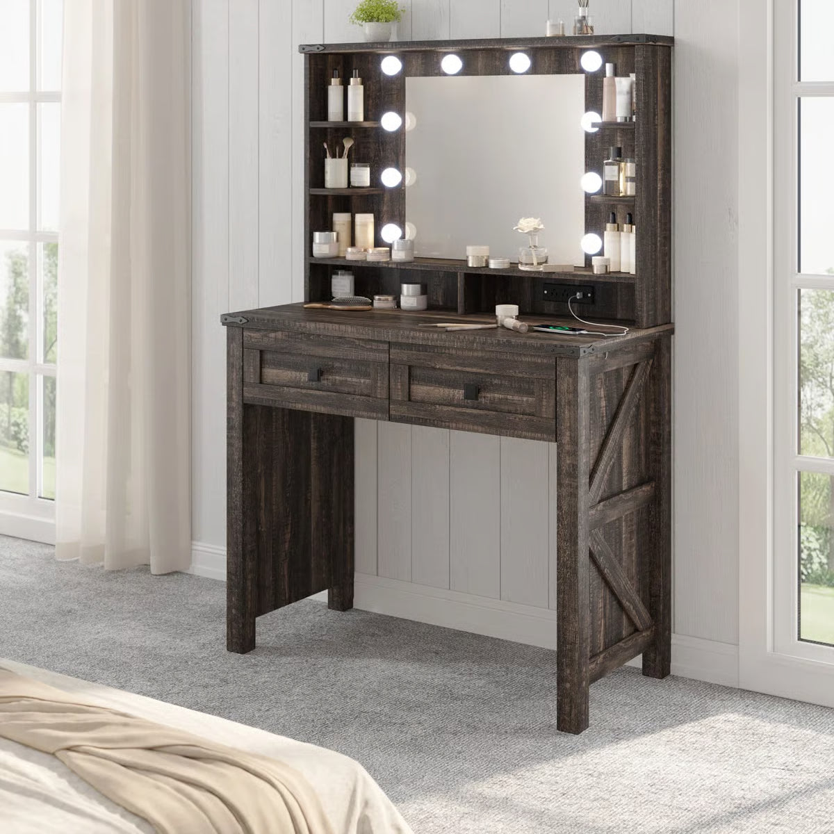31.5" Farmhouse Vanity Desk with LED Lighted Mirror, Adjustable 3-Color Lighting, Storage Drawers & Shelves, and Charging Station at OUCH CART - OUCH CART | Dressing table 
