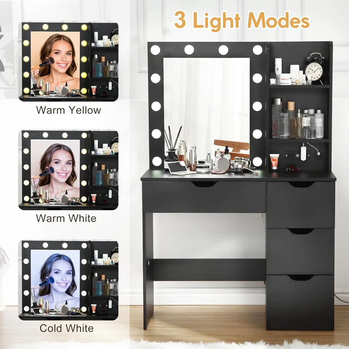 Makeup Vanity Desk with LED Mirror – 4 Drawers & Bedroom Vanity Storage