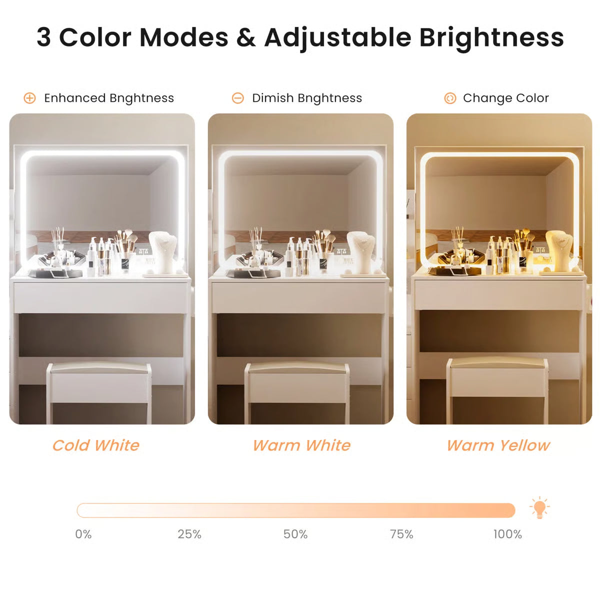 Vanity Table With LED-Lit Mirror With Power Outlet And Hairdryer Shelving, With 4 Drawers And Upholstered Stool, Brightness Adjustable In 3 Lighting Modes, Storage Table,43.3"L *15.7"W