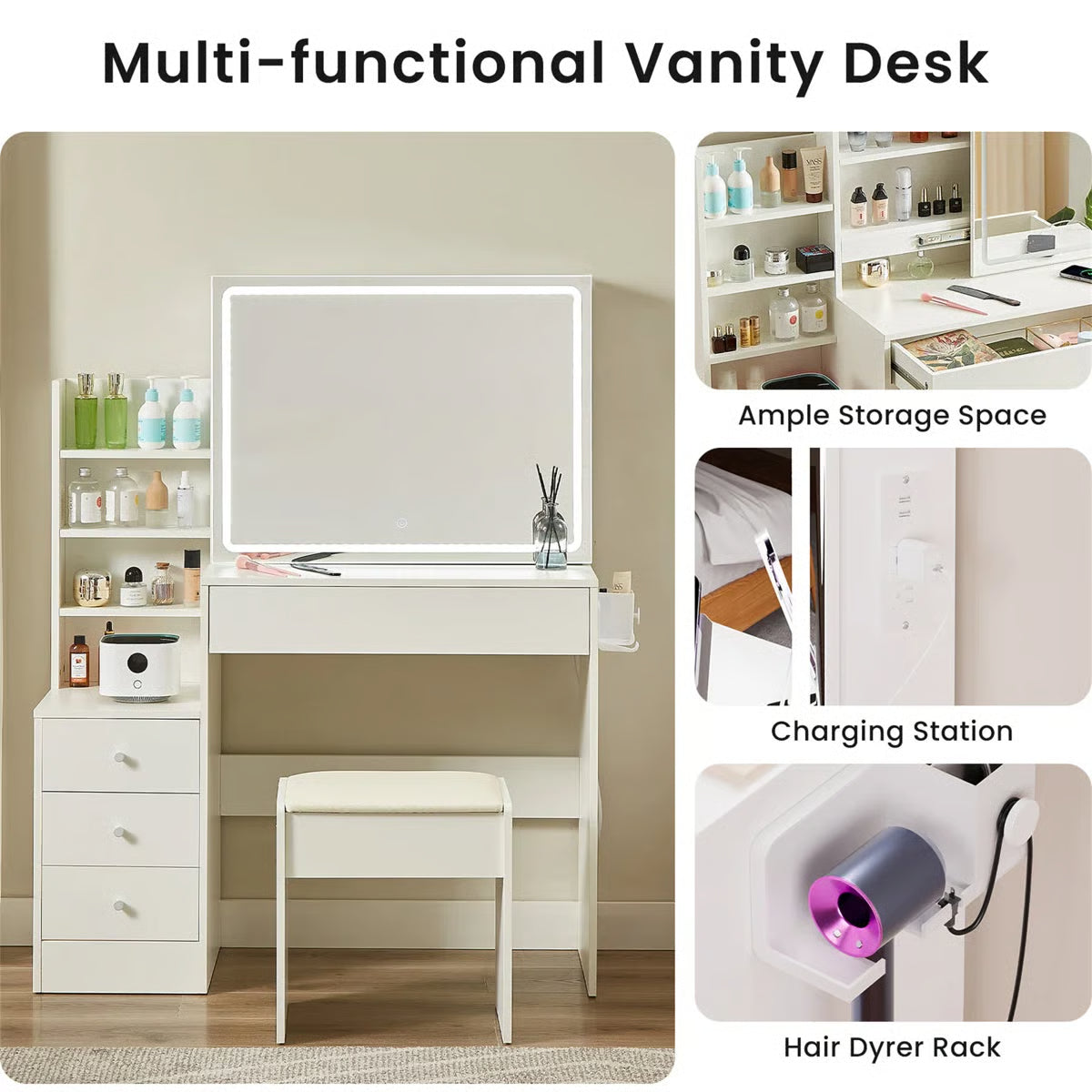 Vanity Table With LED-Lit Mirror With Power Outlet And Hairdryer Shelving, With 4 Drawers And Upholstered Stool, Brightness Adjustable In 3 Lighting Modes, Storage Table,43.3"L *15.7"W