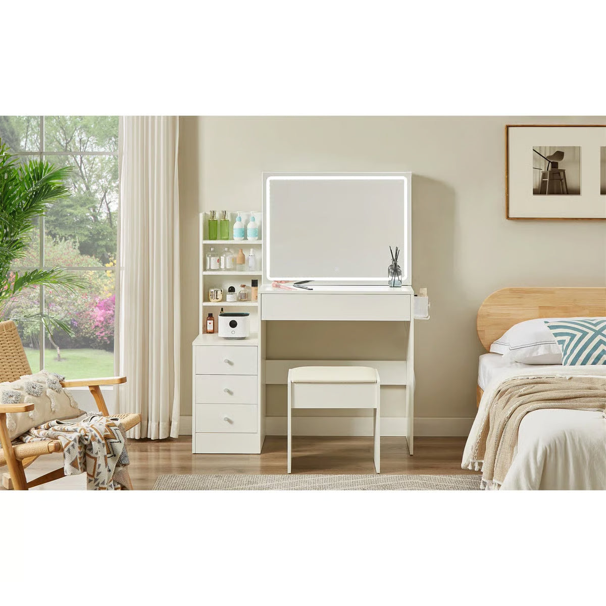 Vanity Table With LED-Lit Mirror With Power Outlet And Hairdryer Shelving, With 4 Drawers And Upholstered Stool, Brightness Adjustable In 3 Lighting Modes, Storage Table,43.3"L *15.7"W