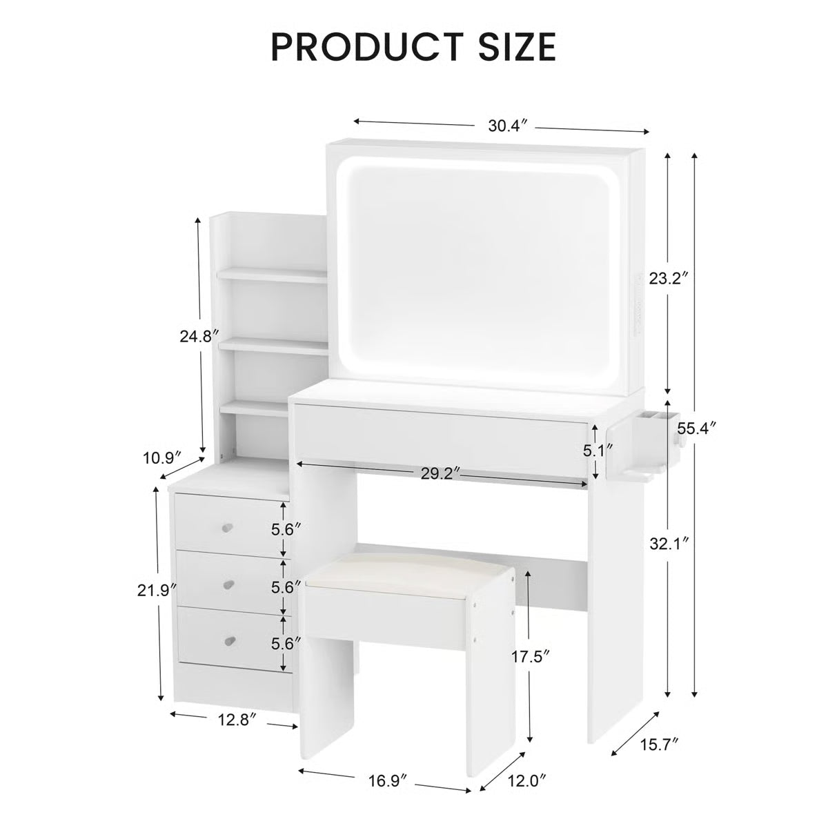 Vanity Table With LED-Lit Mirror With Power Outlet And Hairdryer Shelving, With 4 Drawers And Upholstered Stool, Brightness Adjustable In 3 Lighting Modes, Storage Table,43.3"L *15.7"W