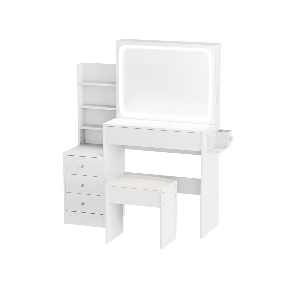 Vanity Table With LED-Lit Mirror With Power Outlet And Hairdryer Shelving, With 4 Drawers And Upholstered Stool, Brightness Adjustable In 3 Lighting Modes, Storage Table,43.3"L *15.7"W