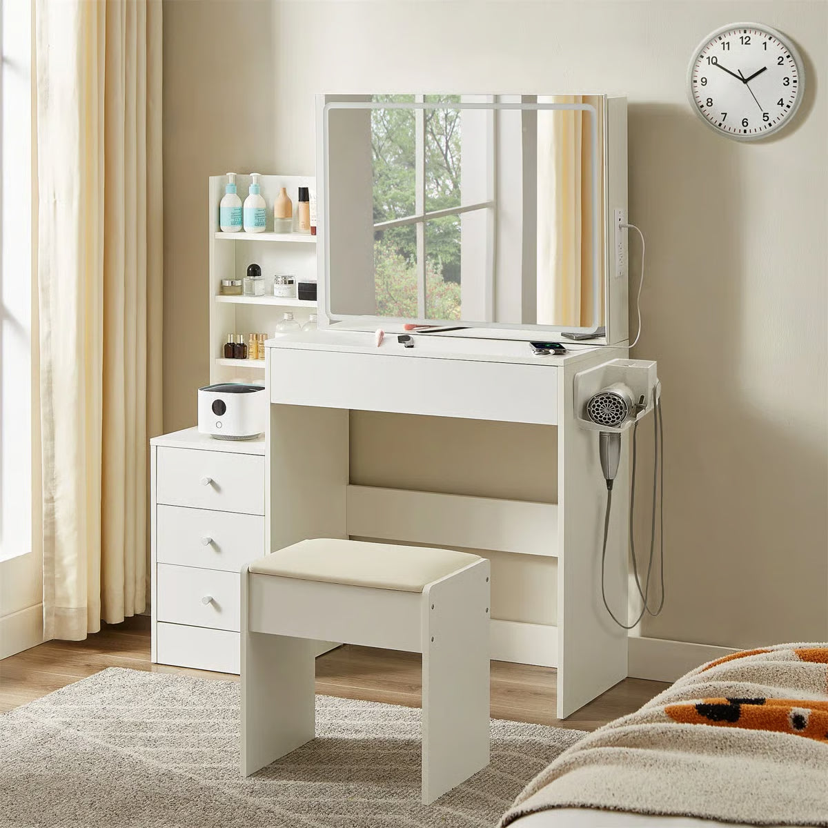 Vanity Table With LED-Lit Mirror With Power Outlet And Hairdryer Shelving, With 4 Drawers And Upholstered Stool, Brightness Adjustable In 3 Lighting Modes, Storage Table,43.3"L *15.7"W