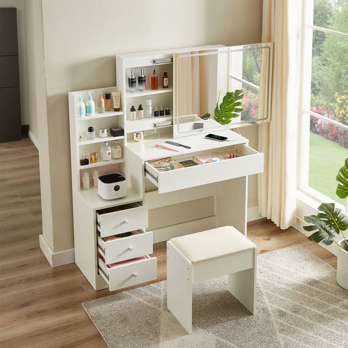 Vanity Table With LED-Lit Mirror ,Storage Table,43.3"L *15.7"W -OUCH CART |Dressing table