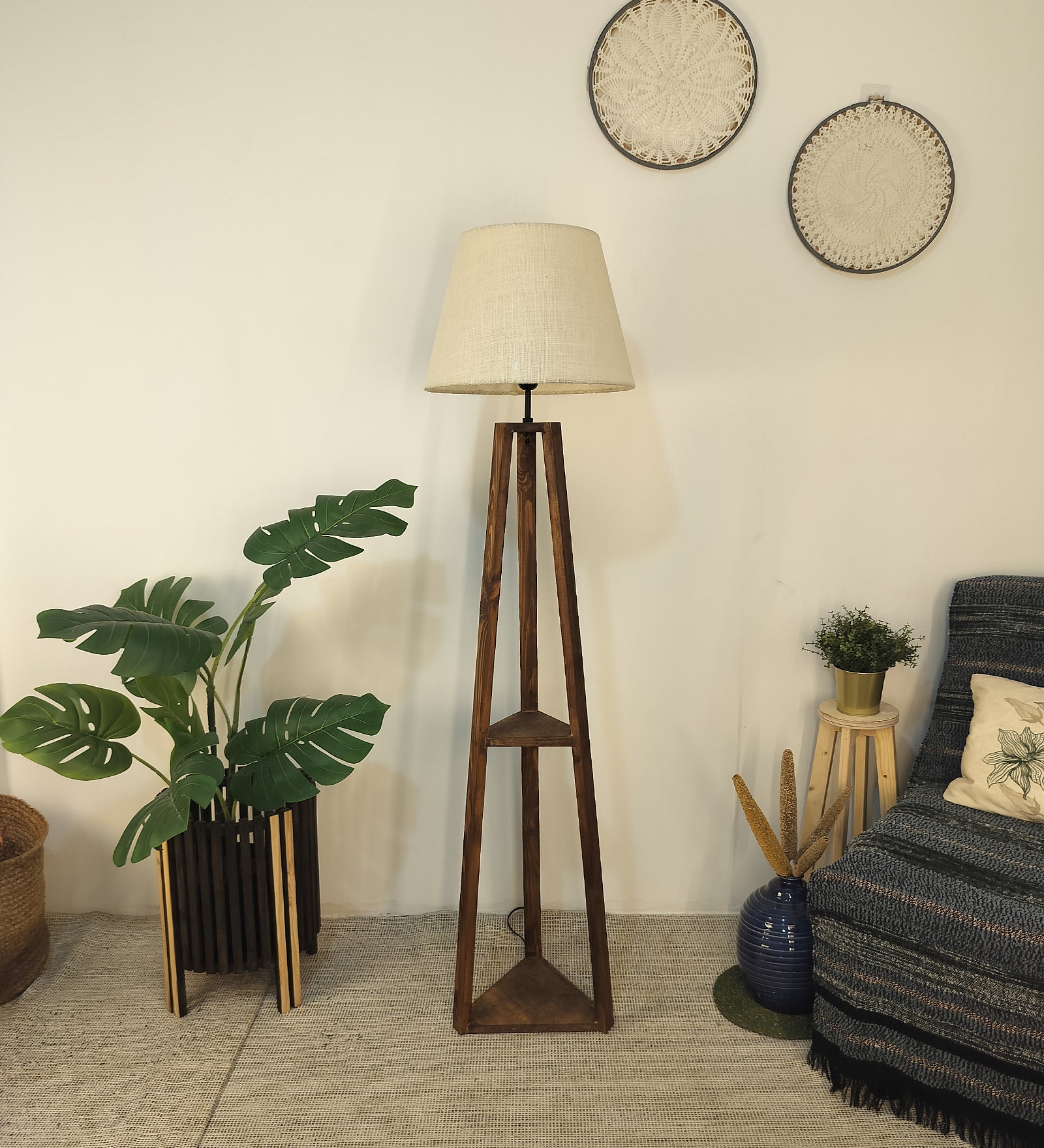 Vantage Wooden Floor Lamp with Brown Base and Jute Fabric Lampshade (BULB NOT INCLUDED)
