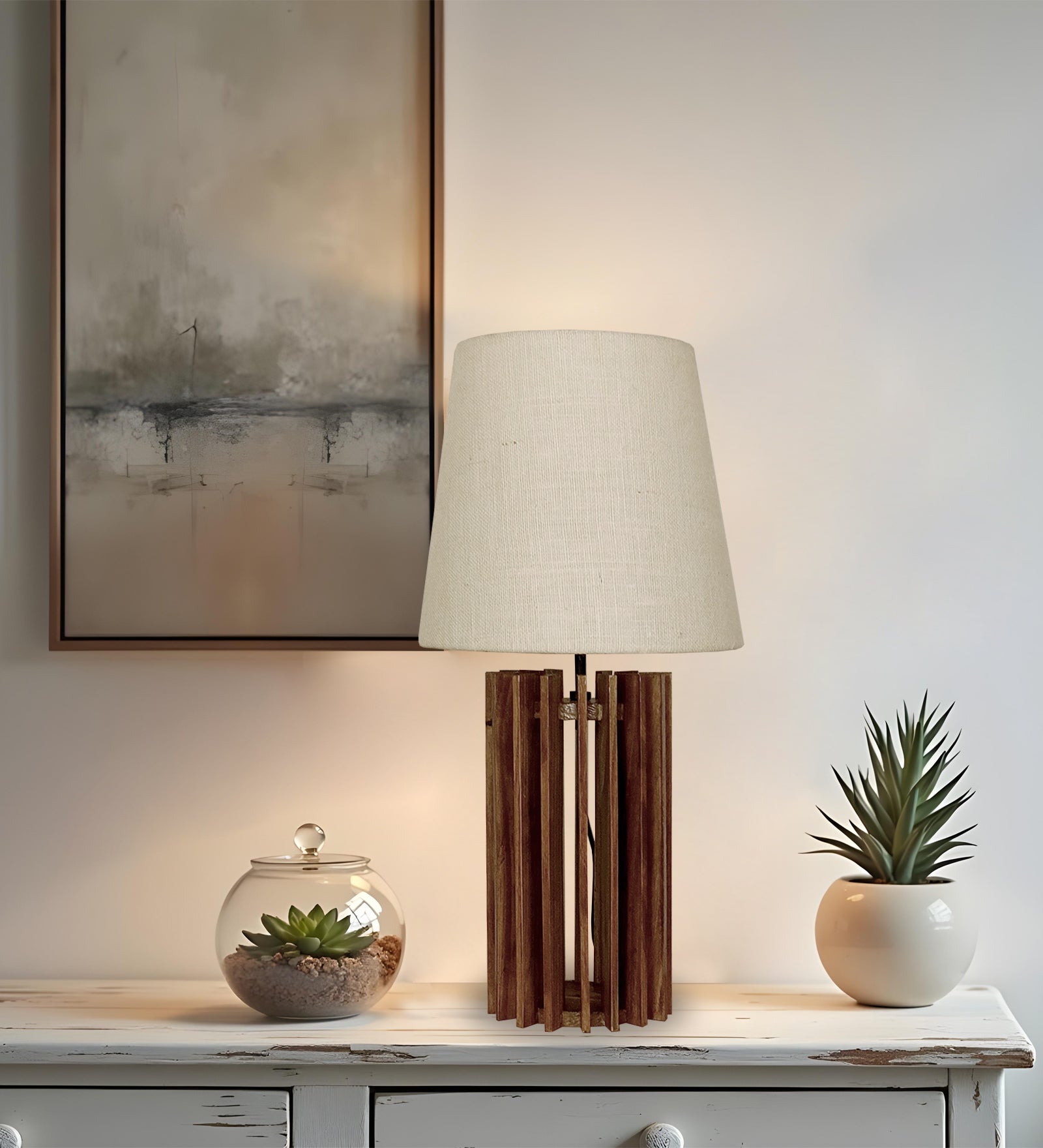 Ventus Brown Wooden Table Lamp with Yellow Printed Fabric Lampshade (BULB NOT INCLUDED)