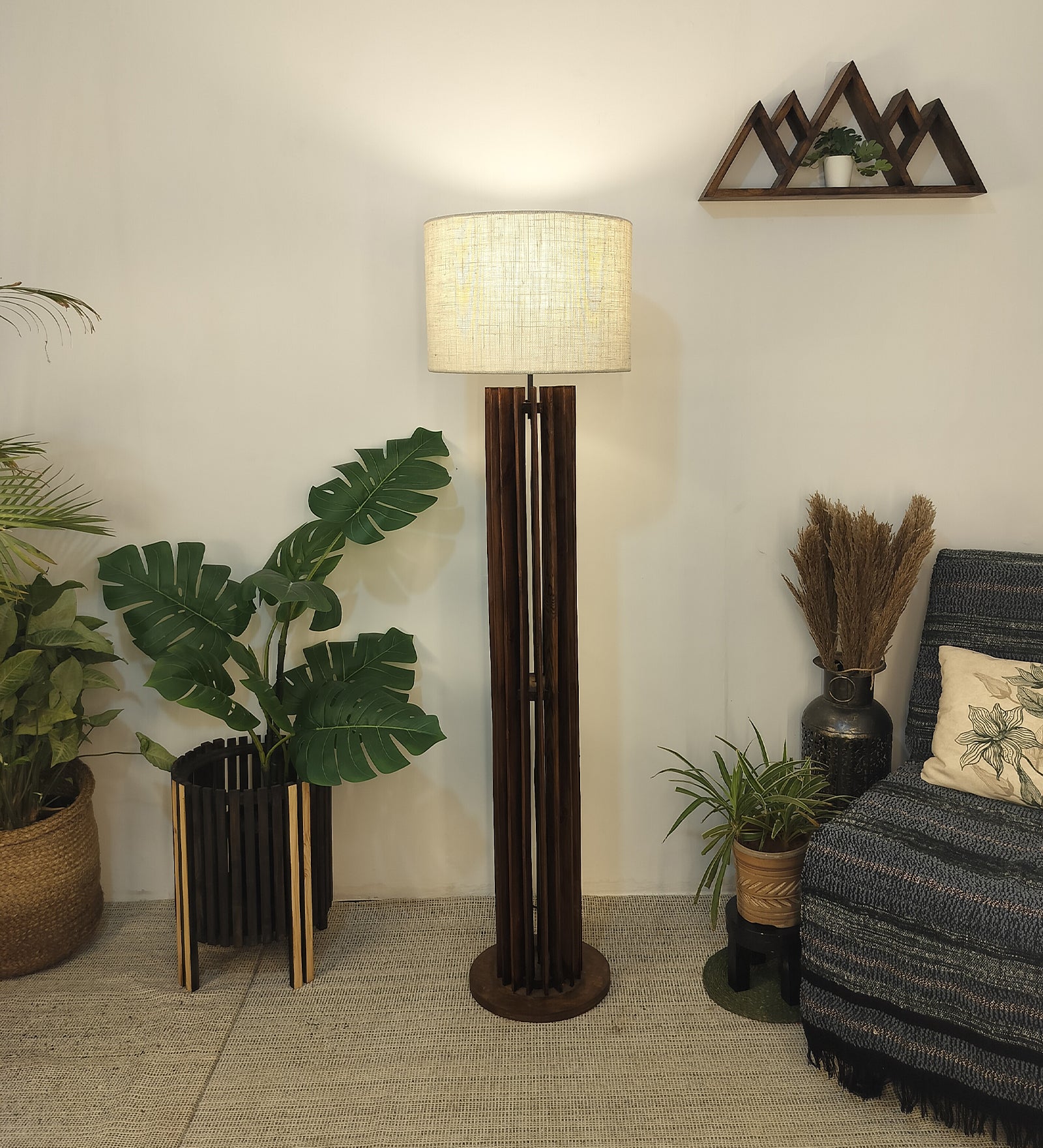 Ventus Wooden Floor Lamp with Premium Beige Fabric Lampshade (BULB NOT INCLUDED)