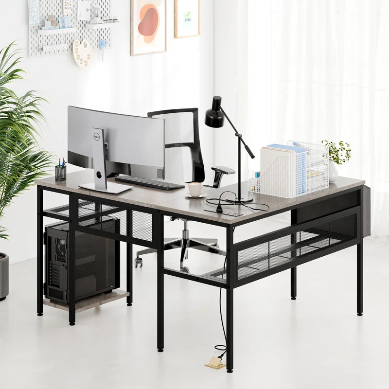 L-Shaped Reversible Computer Desk with Power Strip and Storage Bag for Home Office
