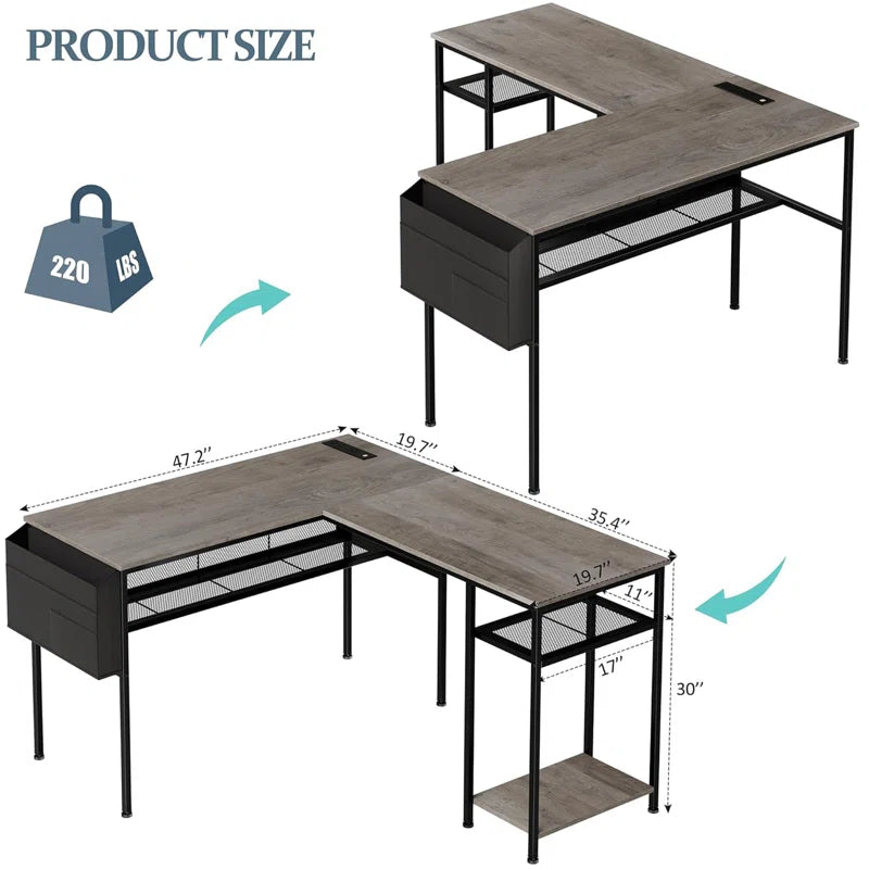L-Shaped Reversible Computer Desk with Power Strip and Storage Bag for Home Office