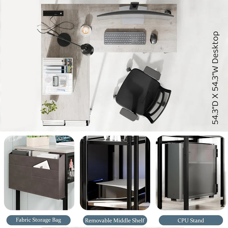 L-Shaped Reversible Computer Desk with Power Strip and Storage Bag for Home Office