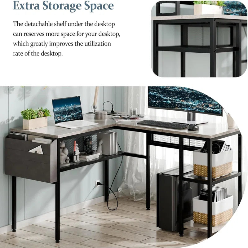 L-Shaped Reversible Computer Desk with Power Strip and Storage Bag for Home Office