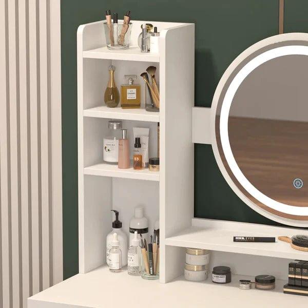 Marie Vanity Dressing Table With Storage, Makeup Desk with Round Mirror and Stool, for Girls Bedroom Vanity Table, 5 Drawers, (White) - Ouch Cart 
