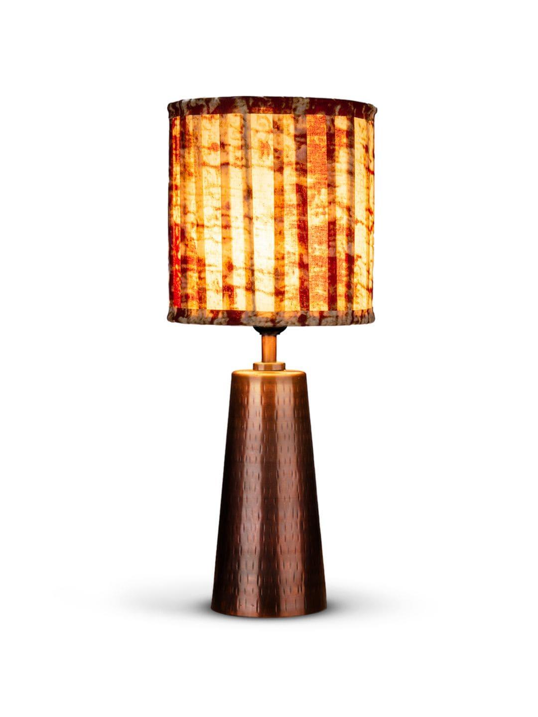 Copper Etched V-Shaped Lamp with Pleeted Muticolor Maroon Shade - Ouch Cart 