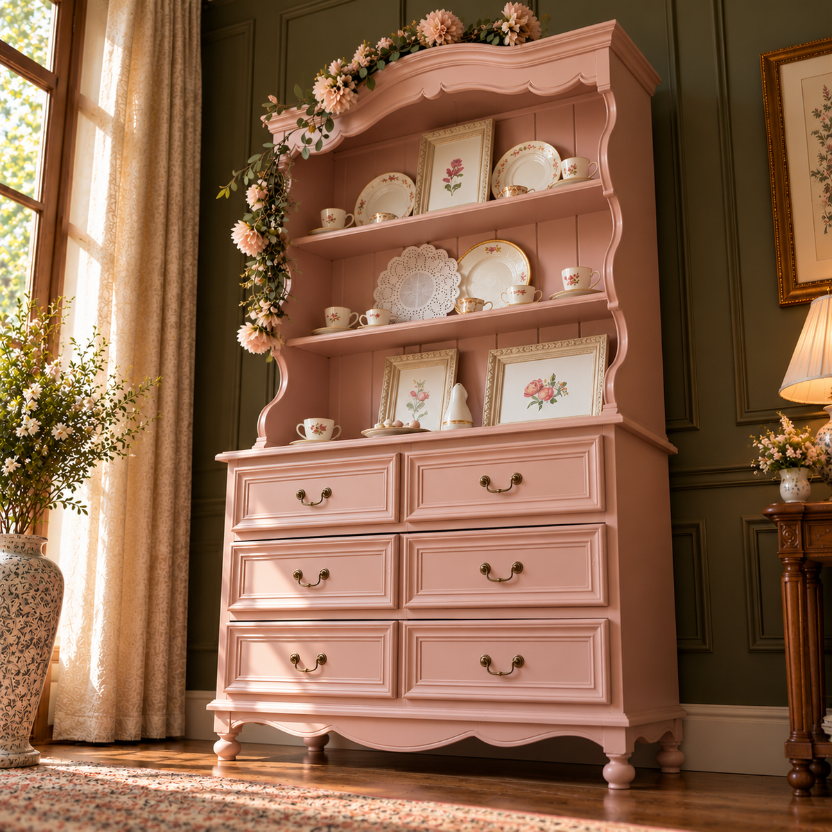 Vintage Blush Pink Wooden Hutch Cabinet with 6 Drawers & Open Display Shelves | French Country Furniture