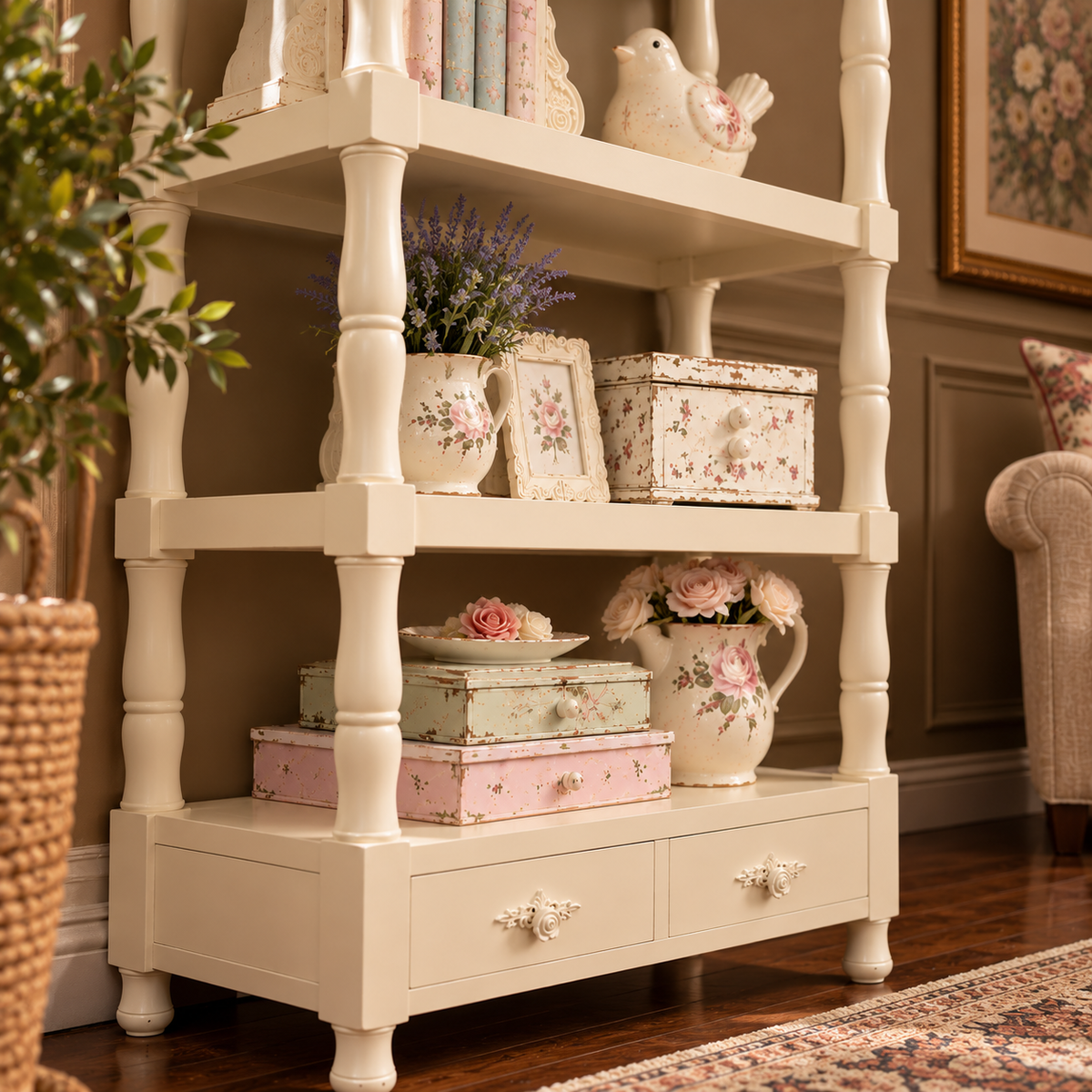 Vintage Cream Wooden Bookshelf with 5 Open Shelves and 2 Drawers | Shabby Chic Display Rack