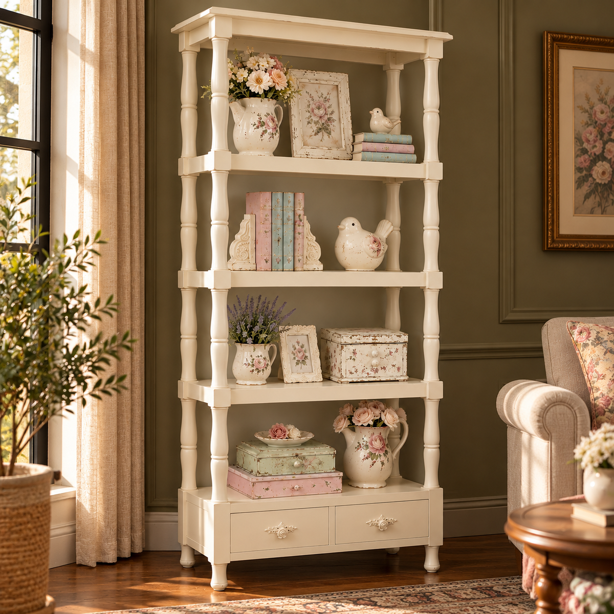 Vintage Cream Wooden Bookshelf with 5 Open Shelves and 2 Drawers | Shabby Chic Display Rack