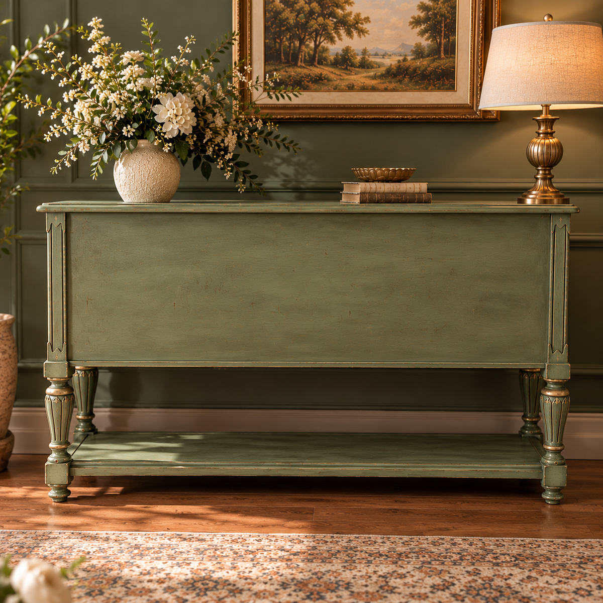 Vintage Sage Green Console Table with 4 Drawers & Lower Shelf | French Provincial Antique-Style Furniture