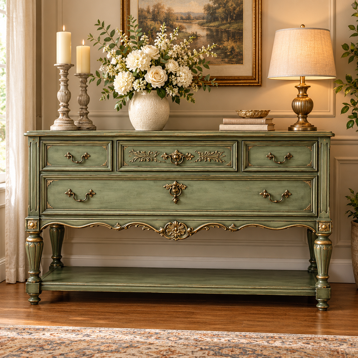 Vintage Sage Green Console Table with 4 Drawers & Lower Shelf | French Provincial Antique-Style Furniture
