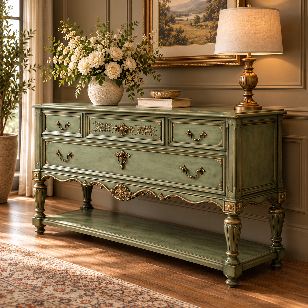 Vintage Sage Green Console Table with 4 Drawers & Lower Shelf | French Provincial Antique-Style Furniture