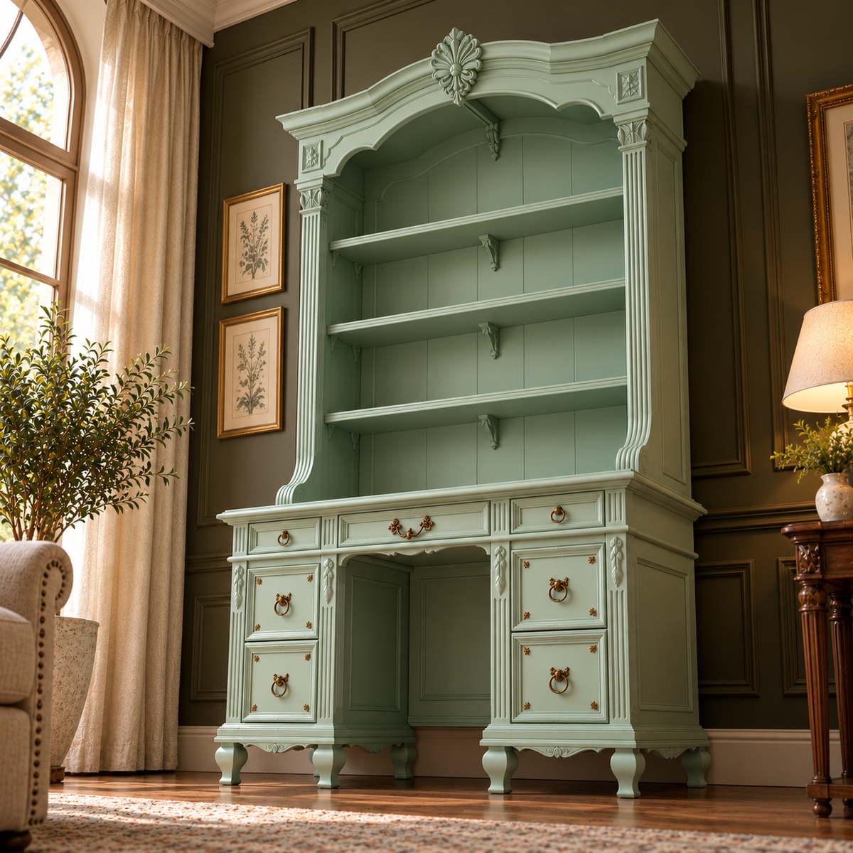 Vintage Sage Green French Country Writing Desk with Hutch, Open Shelves & Drawers