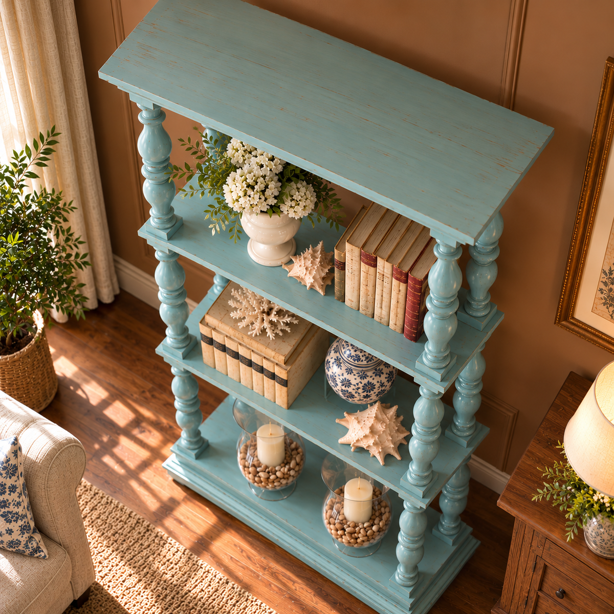 Vintage Teal Blue Wooden Display Shelf with Turned Spindles  Coastal Farmhouse Open Bookshelf