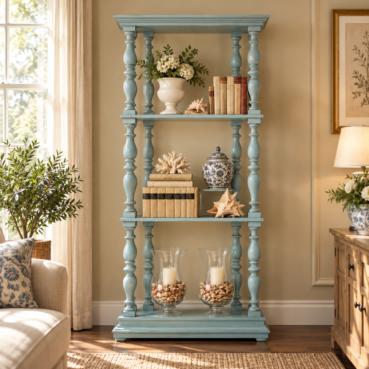 Vintage Teal Blue Wooden Display Shelf with Turned Spindles  Coastal Farmhouse Open Bookshelf