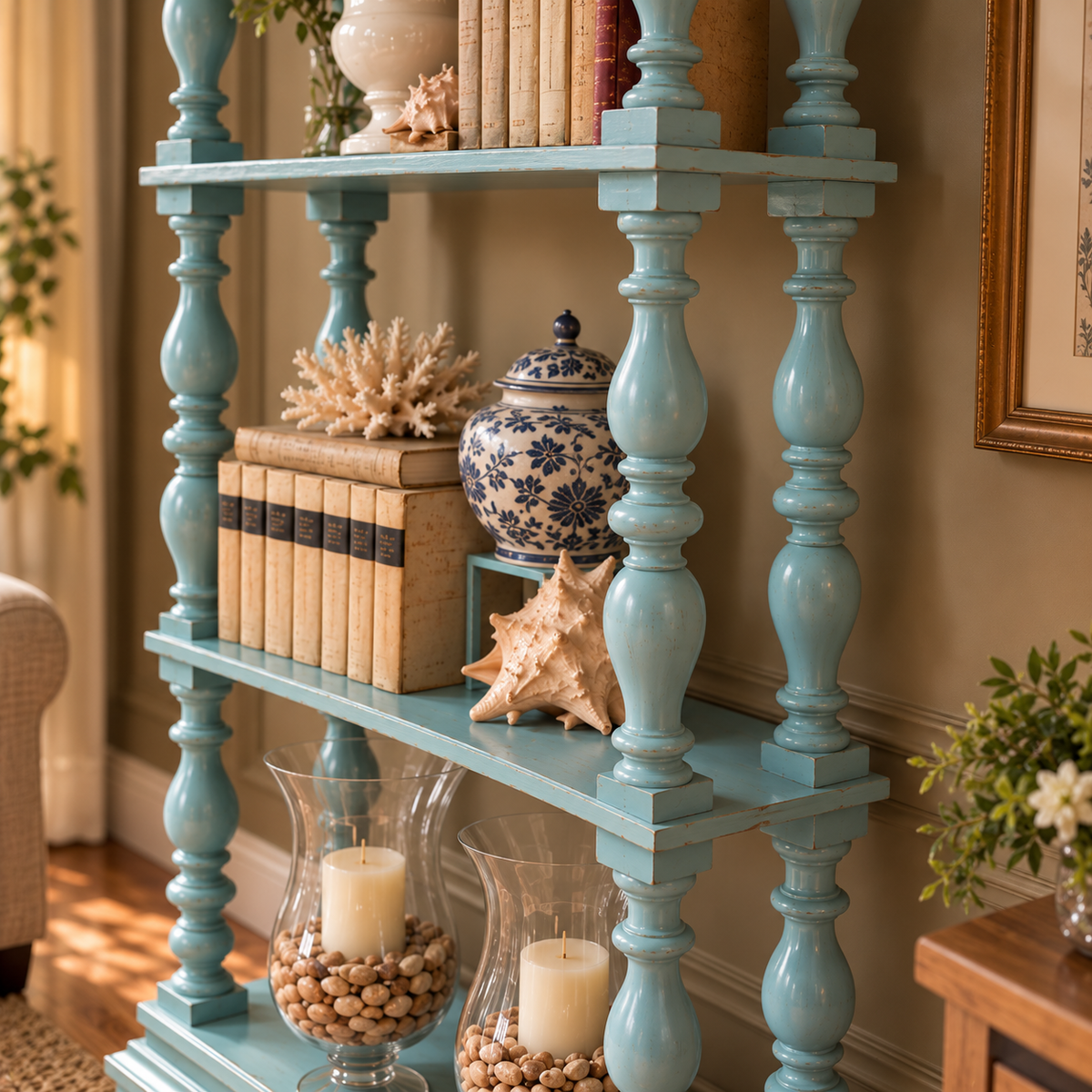 Vintage Teal Blue Wooden Display Shelf with Turned Spindles  Coastal Farmhouse Open Bookshelf