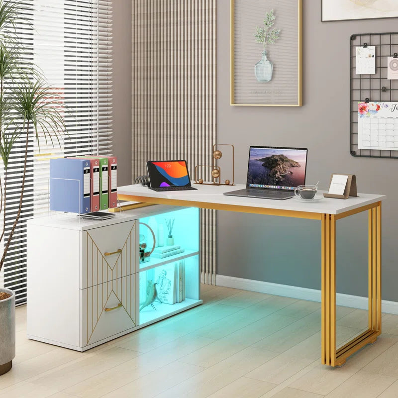 55'' Reversible L-Shaped Metal Base Writing Desk with LED Light & Power Outlets