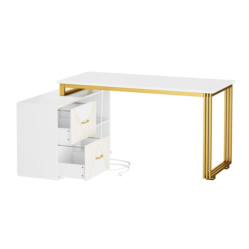 55'' Reversible L-Shaped Metal Base Writing Desk with LED Light & Power Outlets