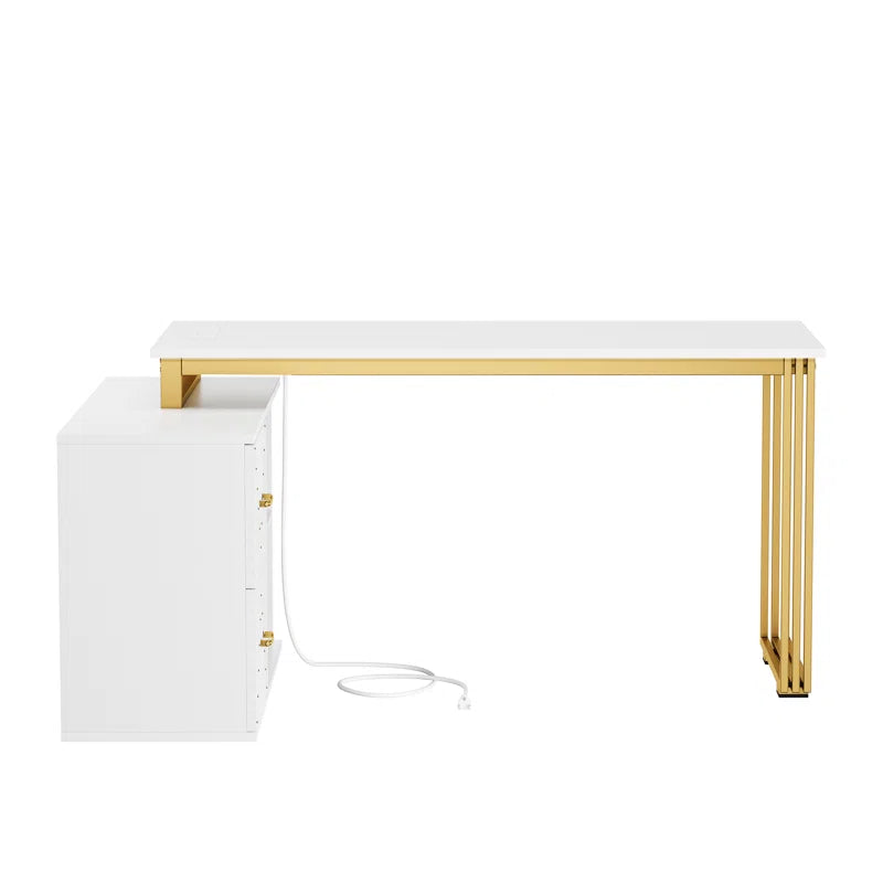 55'' Reversible L-Shaped Metal Base Writing Desk with LED Light & Power Outlets