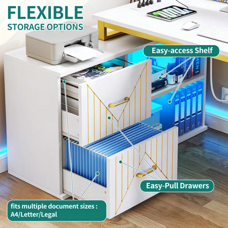 55'' Reversible L-Shaped Metal Base Writing Desk with LED Light & Power Outlets